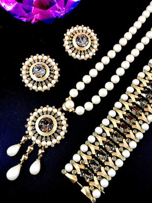 1957 Crown Trifari "Maharajah" Faux Pearl & Rhinestone Parure