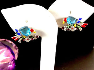 1942 Crown Trifari "Two Birds on a Branch" Rhodium Clip Earrings