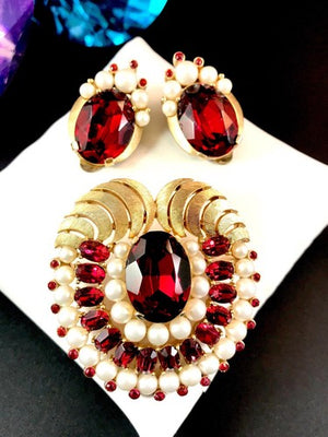 1960s Crown Trifari "Jewels of India" Ruby & Faux Pearl Brooch & Earrings Set