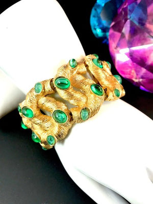 Crown Trifari Green Gripoix Cabochon Coiled Snake Link Bracelet