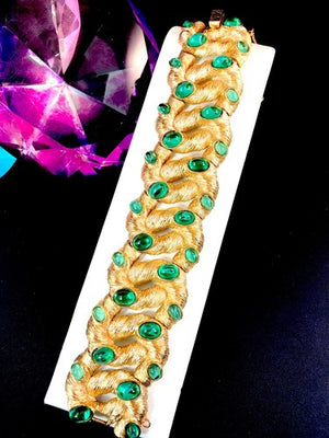 Crown Trifari Green Gripoix Cabochon Coiled Snake Link Bracelet