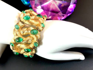 Crown Trifari Green Gripoix Cabochon Coiled Snake Link Bracelet