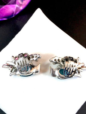 1942 Crown Trifari "Two Birds on a Branch" Rhodium Clip Earrings