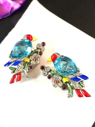 1942 Crown Trifari "Two Birds on a Branch" Rhodium Clip Earrings
