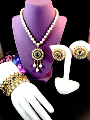 1957 Crown Trifari "Maharajah" Faux Pearl & Rhinestone Parure