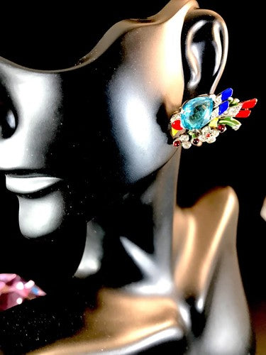Enamel birds with garnet red cabochons and aquamarine pear rhinestone