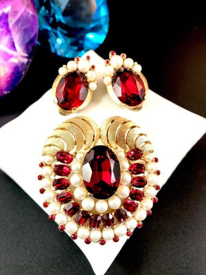 1960s Crown Trifari "Jewels of India" Ruby & Faux Pearl Brooch & Earrings Set