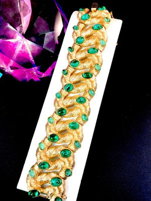 Crown Trifari Green Gripoix Cabochon Coiled Snake Link Bracelet