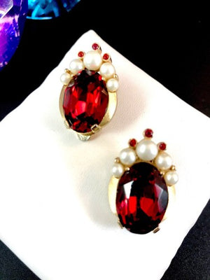 1960s Crown Trifari "Jewels of India" Ruby & Faux Pearl Brooch & Earrings Set