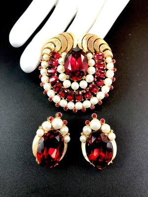 1960s Crown Trifari "Jewels of India" Ruby & Faux Pearl Brooch & Earrings Set