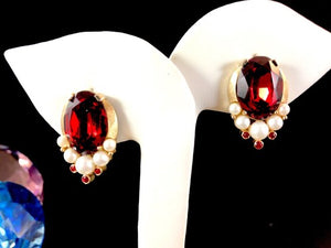 1960s Crown Trifari "Jewels of India" Ruby & Faux Pearl Brooch & Earrings Set