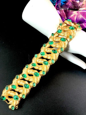 Crown Trifari Green Gripoix Cabochon Coiled Snake Link Bracelet