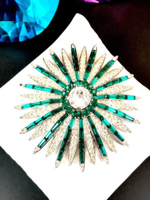 1966 Crown Trifari "Starflight" Emerald Rhinestone Fireworks Brooch