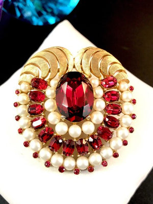 1960s Crown Trifari "Jewels of India" Ruby & Faux Pearl Brooch & Earrings Set