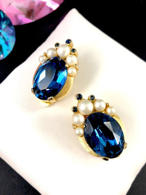 1960s Crown Trifari "Jewels of India" Sapphire & Faux Pearl Brooch & Earrings Set
