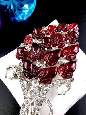 Reinad Ruby Red Acorn "Fruit Salad" Large Floral Art Nouveau Brooch