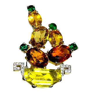 1940s Mazer Citrine, Amber & Emerald Rhinestone Cactus Flower Basket Brooch