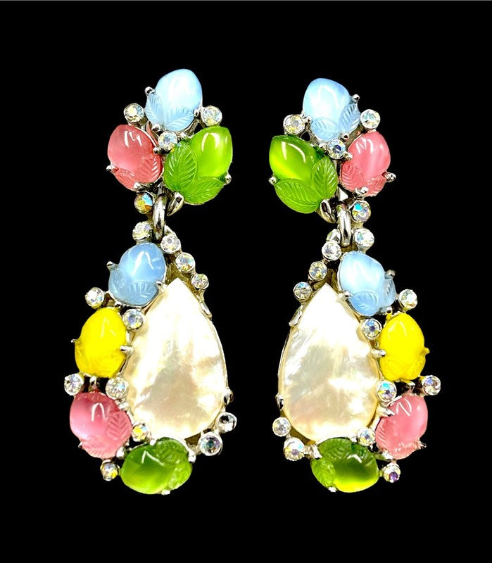 Crown Trifari Multicolor Acorn "Fruit Salad" & Mother of Pearl Drop Earrings, NWT