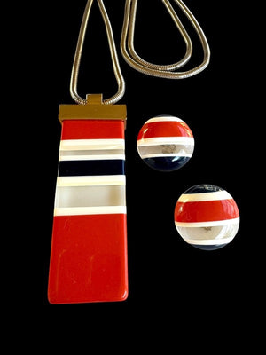 Lanvin Paris Red, White & Blue Striped Lucite Pendant & Earrings Set