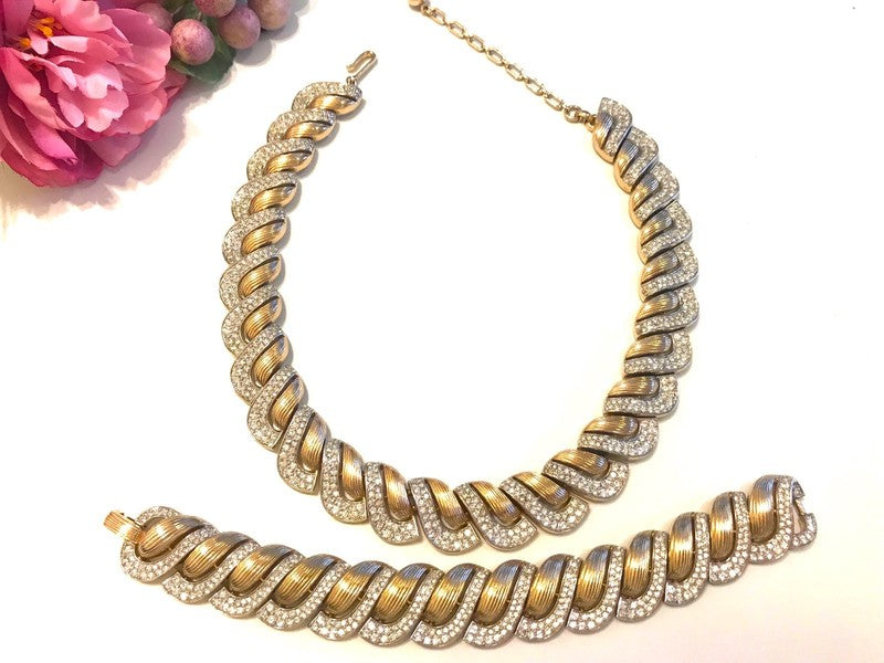 Art Deco collar necklace in polished mixed metal with pave crystal