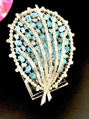 Crown Trifari Rhodium Baby Blue Baguette Rhinestone Caged Statement Brooch