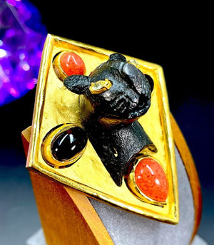 Diane Love for Crown Trifari Bronze Leopard & Gripoix Cabochon Shield Brooch
