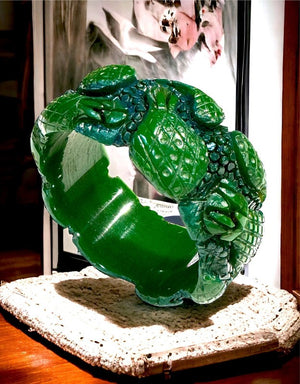 Carved Green & Blue Bakelite Pineapple Design Wide Bracelet