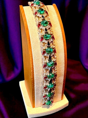 1960s Crown Trifari "Jewels of India" Cabochon & Pavé Link Bracelet