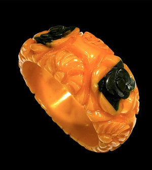 Carved Golden Amber Bakelite with Inset Green Roses Wide Bracelet