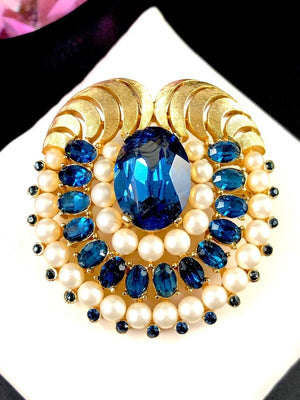 1960s Crown Trifari "Jewels of India" Sapphire & Faux Pearl Brooch & Earrings Set
