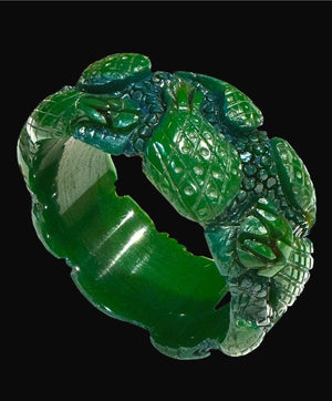 Carved Green & Blue Bakelite Pineapple Design Wide Bracelet