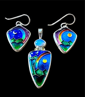 Ricky Frank Sterling Cloisonné Enamel Dagger Pendant & Kite Earrings Set