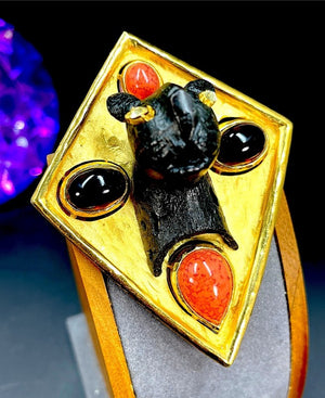 Diane Love for Crown Trifari Bronze Leopard & Gripoix Cabochon Shield Brooch