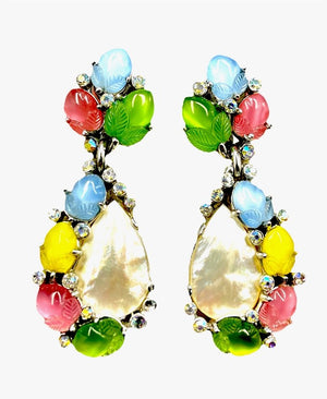 Crown Trifari Multicolor Acorn "Fruit Salad" & Mother of Pearl Drop Earrings, NWT