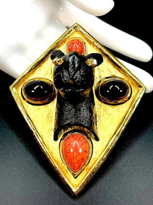 Diane Love for Crown Trifari Bronze Leopard & Gripoix Cabochon Shield Brooch