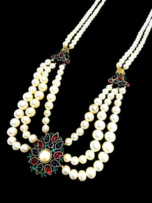 1950s Crown Trifari "Maharajah" Faux Pearl & Multicolor Cabochon Necklace