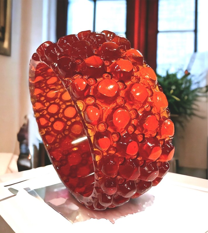 Carved Translucent Amber Red "Connomex" Bakelite Wide Bracelet
