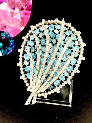 Crown Trifari Rhodium Baby Blue Baguette Rhinestone Caged Statement Brooch
