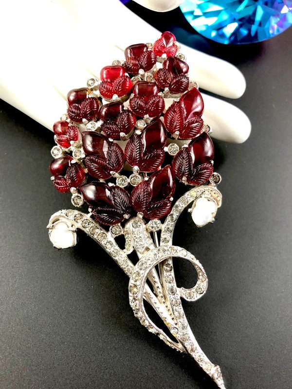 Reinad Ruby Red Acorn "Fruit Salad" Large Floral Art Nouveau Brooch