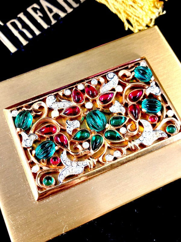 1949 Crown Trifari "Schéhérazade" Jeweled Powder & Lipstick Compact, Unused