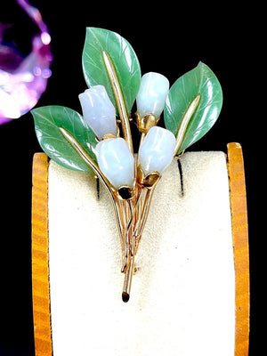 Gump's San Francisco 14K Gold & Carved Jade Flower Brooch