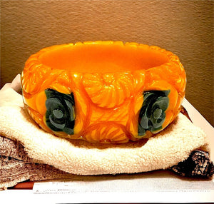 Carved Golden Amber Bakelite with Inset Green Roses Wide Bracelet