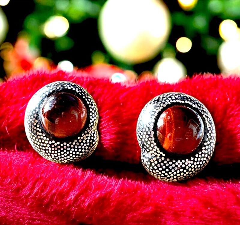 Patricia Von Musulin Ebony, Sterling & Red Tiger's Eye Nailhead Clip Earrings