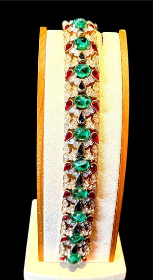 1960s Crown Trifari "Jewels of India" Cabochon & Pavé Link Bracelet