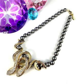 Roberto Cavalli Grey Pearl Double Serpent Necklace with Crystal Pendant