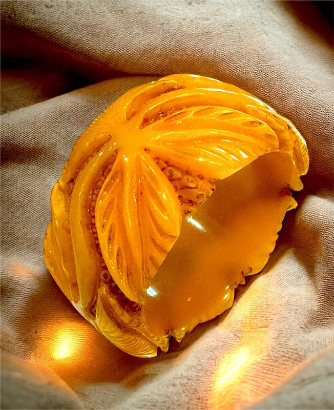 Deeply Carved Butterscotch Bakelite Art Nouveau Wide Bracelet
