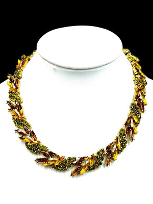 1960s Crown Trifari "Esplanade" Navette Rhinestone Floral Necklace & Earrings