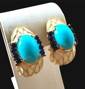 1968 Crown Trifari "L'Orient" Turquoise & Sapphire Cabochon Maltese Cross Brooch