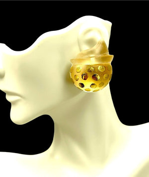 Patricia Von Musulin Frosted Lucite & 24K Gold Polka Dot Sculptural Clip Earrings