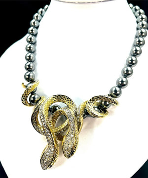 Roberto Cavalli Grey Pearl Double Serpent Necklace with Crystal Pendant